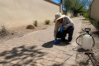 Technician inspecting cleared joints in a paved walkway with gravel remnants in Phoenix, AZ.