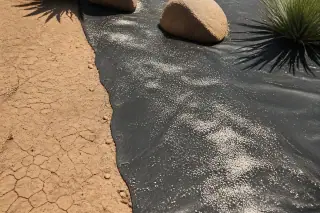 Landscape fabric secured with staples and pre-emergent granules on arid soil in Phoenix, AZ.