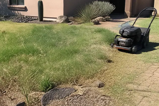 A worker mows a patchy, neglected lawn in front of beige stucco walls and desert landscaping in Phoenix, AZ.
