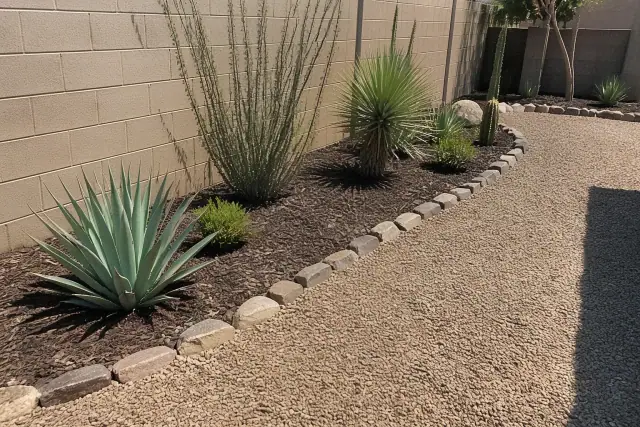 Pruned native succulents, organic mulch, and border stones in a xeriscaped yard in Phoenix, AZ.