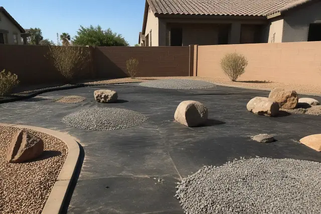 Weed barrier fabric base for a xeriscaping and rock landscape project in a residential yard in Phoenix, AZ.