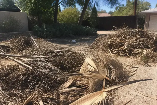 Worker clearing branches and palm fronds during a yard cleanup in Glendale, AZ.
