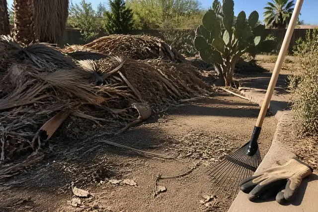 Yard cleanup in progress with piles of organic waste and palm fronds in a desert lot in Phoenix, AZ.