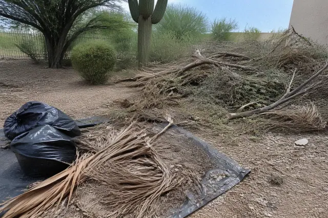 Yard cleanup in progress with organic debris and palm fronds on a tarp in a Scottsdale, AZ desert landscape.