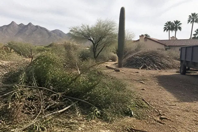 Yard cleanup in progress with piles of trimmings and raked earth in Paradise Valley, AZ.