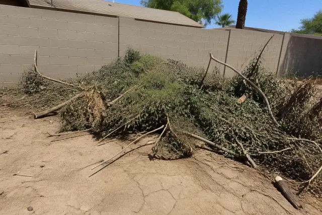 Pile of green waste and organic debris ready for removal in a yard in Phoenix, AZ.