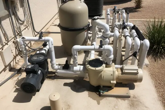 Pool pump and filtration equipment on a concrete pad at a jobsite in Phoenix, AZ.