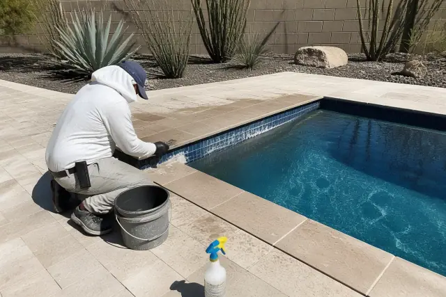 Acid wash and pool tile cleaning in progress at a residential pool in Phoenix, AZ.