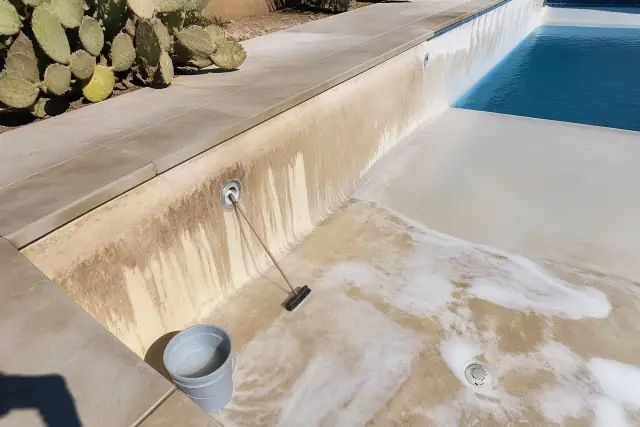 Acid wash and stain treatment on mineral-stained pool plaster at a residential worksite in Phoenix, AZ.