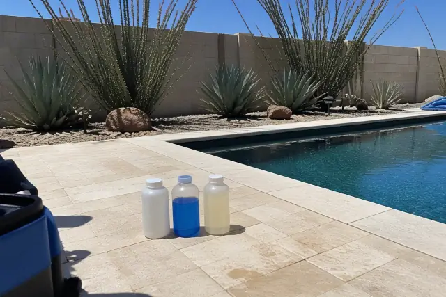 Pool chemicals sitting on a deck by a backyard swimming pool with desert landscaping in Phoenix, AZ.