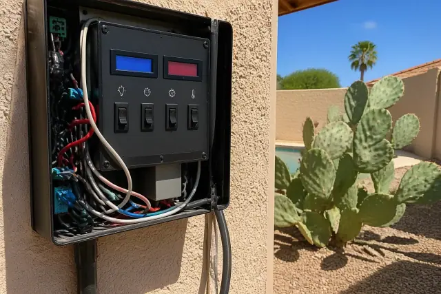 Pool equipment control panel with wires and open housing on a stucco wall in Phoenix, AZ, near prickly pear cactus.