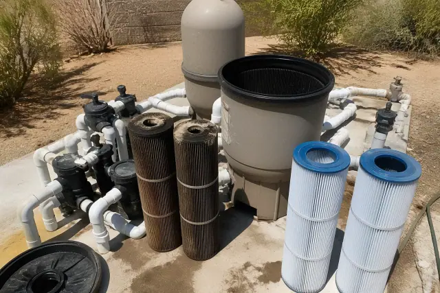 Pool filter maintenance with dirty and clean cartridges at a residential worksite in Phoenix, AZ.