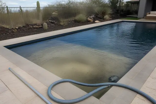 A technician performing a green pool recovery in Phoenix, AZ, with a vacuum hose, telescoping pole, and murky water.