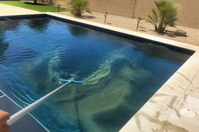 Long-handled brush cleaning algae from a residential swimming pool in Phoenix, AZ.