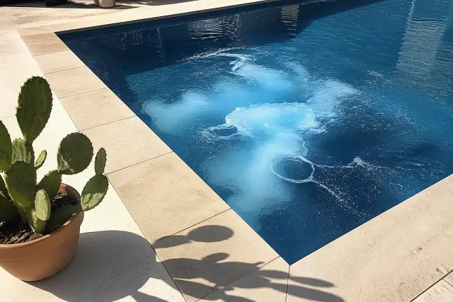 Chemical shock treatment swirling in a backyard swimming pool on a sunny day in Phoenix, AZ.