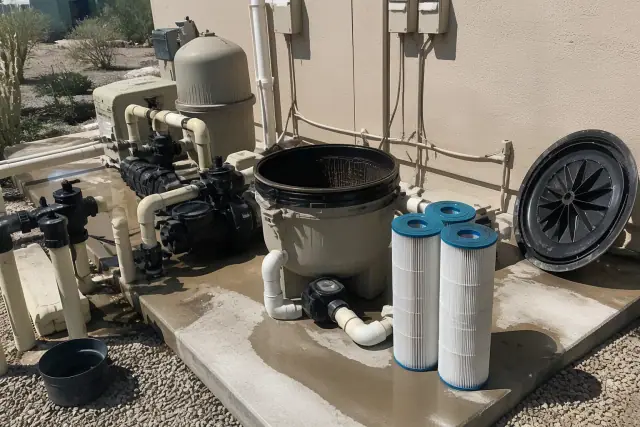 Pool filter cartridges being cleaned on a concrete slab at a residential pool system in Phoenix, AZ.