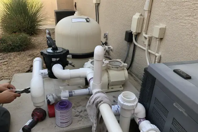 Technician repairing a saltwater pool system on a concrete pad at a home in Phoenix, AZ.