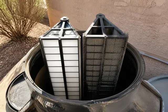 Side-by-side comparison of a clean and debris-packed pool filter grid at a job site in Phoenix, AZ.