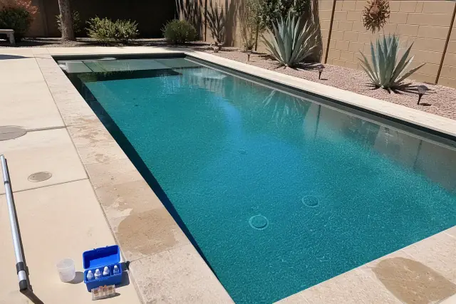 Clear water in a rectangular swimming pool after rebalancing on a sunny deck in Phoenix, AZ.