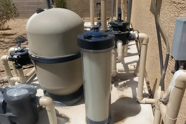 Cloudy water in a pool filtration system at a job site in Phoenix, AZ.