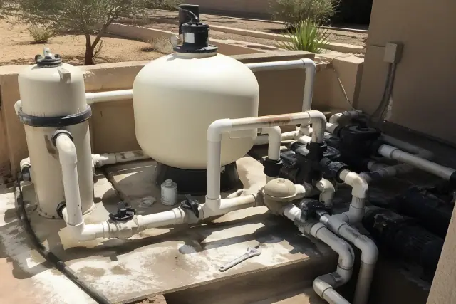 Pool filtration tanks, pumps, and plumbing lines being cleaned at a site in Phoenix, AZ.