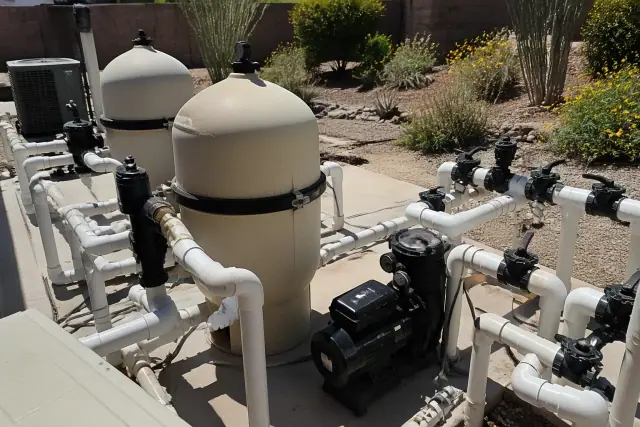 Commercial pool filtration equipment, pumps, and plumbing on a concrete pad at a jobsite in Phoenix, AZ.
