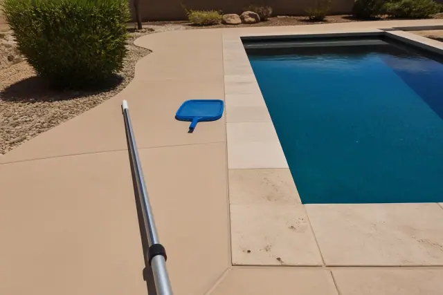 A telescopic pole and skimmer net beside a residential swimming pool during weekly maintenance in Phoenix, AZ.