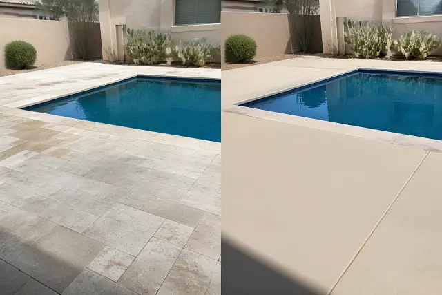Rectangular swimming pool with blue water, prickly pear cactus, and stucco walls at a poolside deck in Phoenix, AZ.