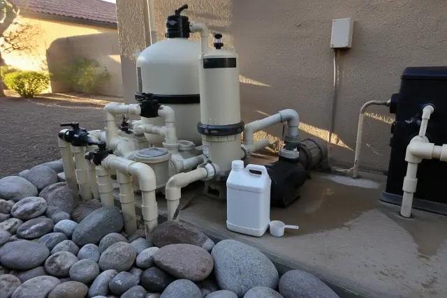 Cyanuric acid additive near pool pumps and filtration equipment at a job site in Phoenix, AZ.