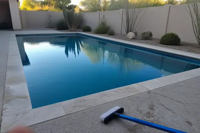 A clean rectangular pool with blue water and a pool brush on the deck of a home in Phoenix, AZ, with desert landscaping.