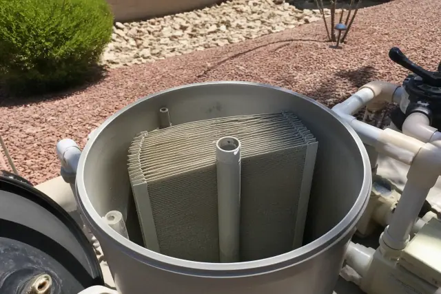 Soiled pool filter grid cartridges inside an open housing during maintenance in Phoenix, AZ.