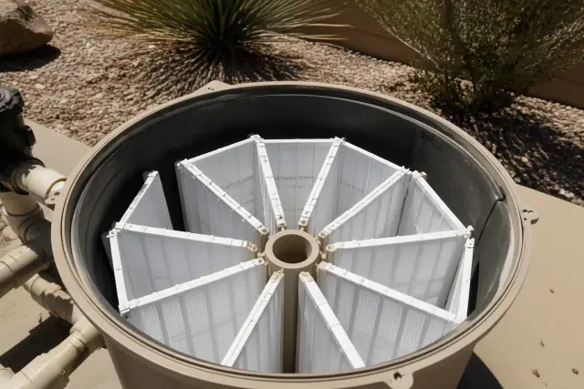 Technician's view of a completed DE grid re-banding inside an open pool filter housing in Phoenix, AZ.