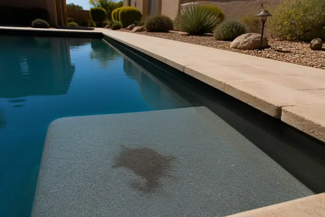 Close-up of a mineral stain on a swimming pool floor in a residential backyard in Phoenix, AZ.