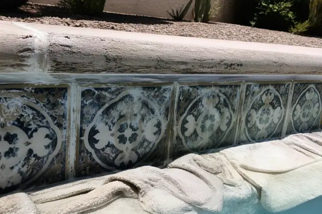 Technician performing enzyme degreasing and algae treatment on pool waterline tiles in Phoenix, AZ.