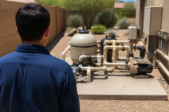 Pool technician inspecting filtration tanks and pumps at a backyard equipment pad in Phoenix, AZ.