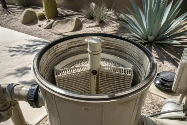 Opened pool filter housing with grid cartridges in a sunny xeriscaped backyard in Phoenix, AZ.