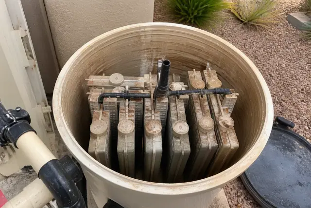 Opened pool filter housing with grid cartridges showing sediment during a cleaning service in Phoenix, AZ.