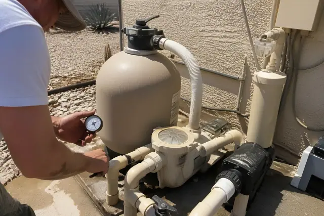 Technician performing pool filtration system diagnostics at an equipment pad in Phoenix, AZ.