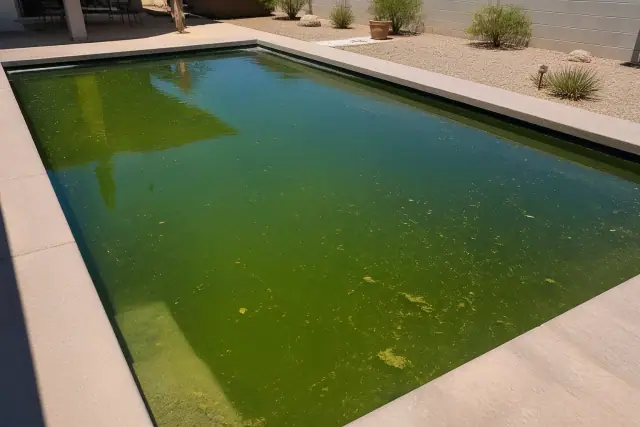Green algae-filled water in a residential backyard swimming pool during a sunny day in Phoenix, AZ.
