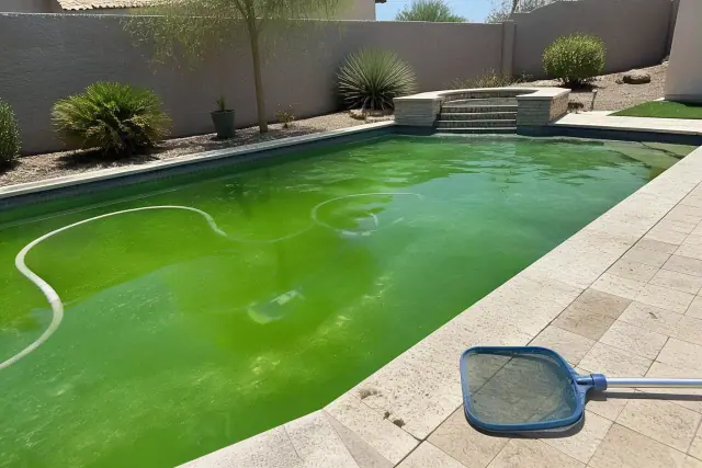 A backyard swimming pool in Peoria, AZ undergoing a green-to-clean chemical treatment with a skimmer net on the deck.