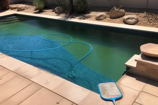 Partially cleaned green swimming pool with a vacuum hose and skimmer net in a Phoenix, AZ backyard.