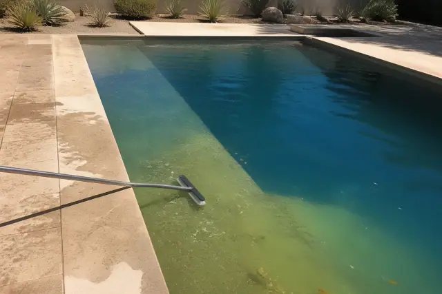 Green pool water being cleaned with a scrub brush at a residential pool in Paradise Valley, AZ.