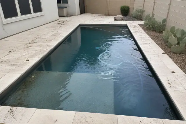 A worker cleaning a green pool with a vacuum hose at a suburban home in Tempe, AZ.