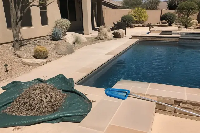 Green pool cleaning in progress with a net brush and debris pile by a pool in Glendale, AZ.