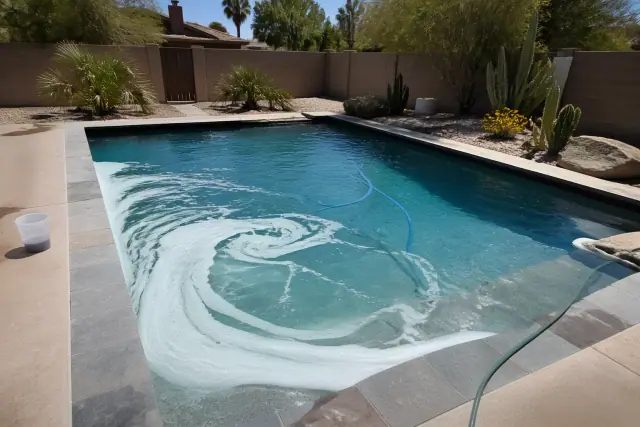 Contractor performing a green pool cleanup and acid wash at a residential backyard pool in Phoenix, AZ.
