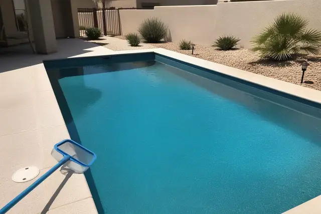 Clean rectangular swimming pool after algae treatment at a residential home in Goodyear, AZ.