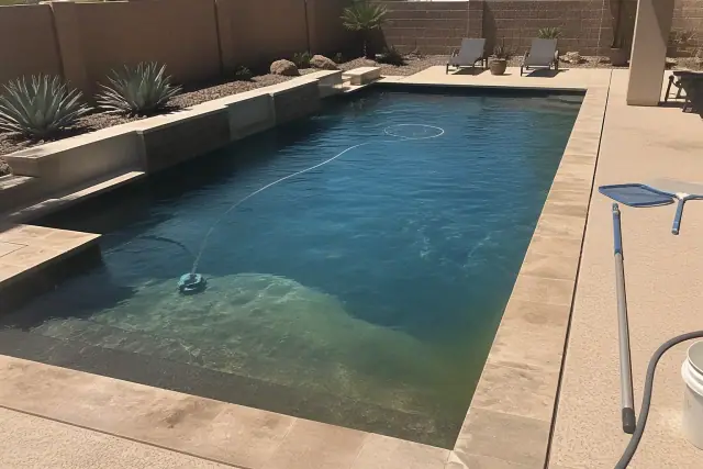 Pool maintenance tools resting on a deck by a green swimming pool in an Avondale, AZ residential backyard.