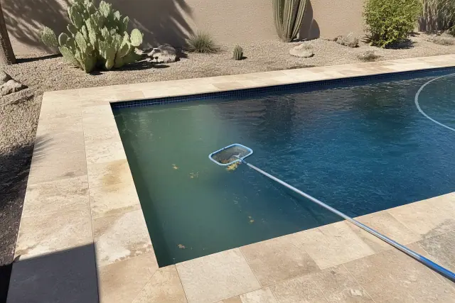 A worker skimming debris from a cleaning rectangular pool in Phoenix, AZ with desert landscaping in the background.
