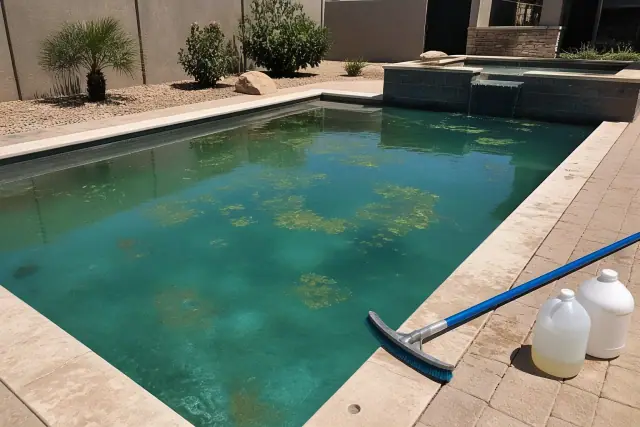 A technician performing green pool cleanup in Phoenix, AZ, with algae-filled water, cleaning tools, and desert landscaping.