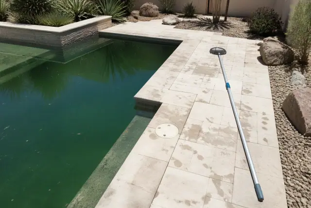 Green pool cleanup in progress at a residential swimming pool in Mesa, AZ, with a telescopic pole on the deck.